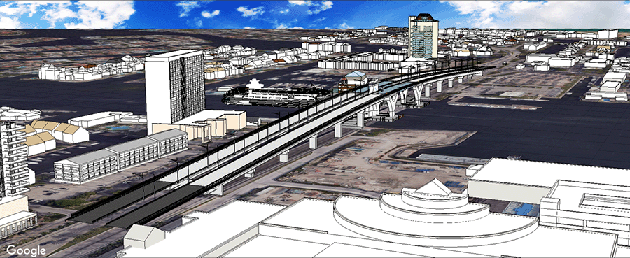 Digital rendering of an elevated railway line passing through an urban area with multiple buildings, roads, and a body of water in the background.