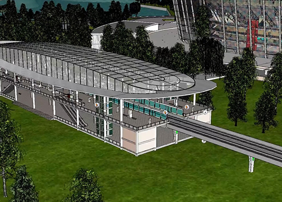 A digital rendering, created using CAD, showcases a modern elevated train station with a glass roof, surrounded by trees and adjacent to a contemporary building.