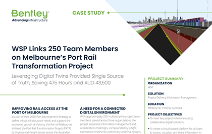 Infographic summarizing the Melbourne port rail transformation project by WSP and Bentley Systems, highlighting digital solutions with ProjectWise and time savings.