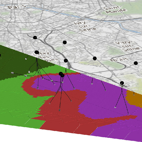 A map of a city with different colored dots on it.